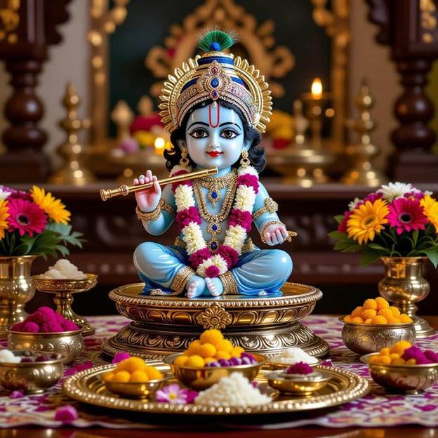 A small statue of a god with flowers

AI-generated content may be incorrect.