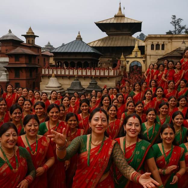 A group of women in red and green dresses

AI-generated content may be incorrect.