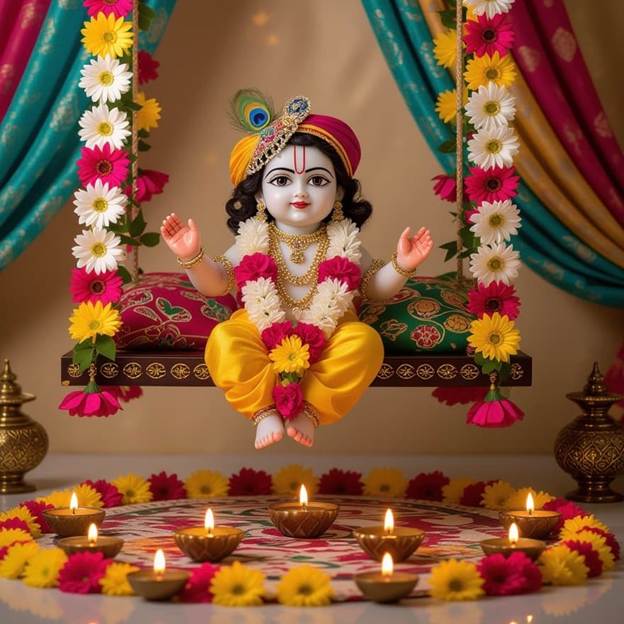 A small statue of a baby on a swing with flowers around it

AI-generated content may be incorrect.