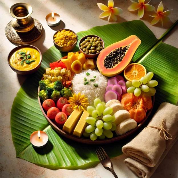 A plate of sattvic food on a leaf.