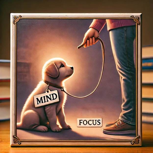 A poster of a dog and a person personifying the mind and focus.