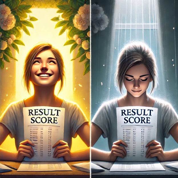 A person holding two result score, one where she got good marks and second where she recieved less marks. But, she is equipoised in both the situations.