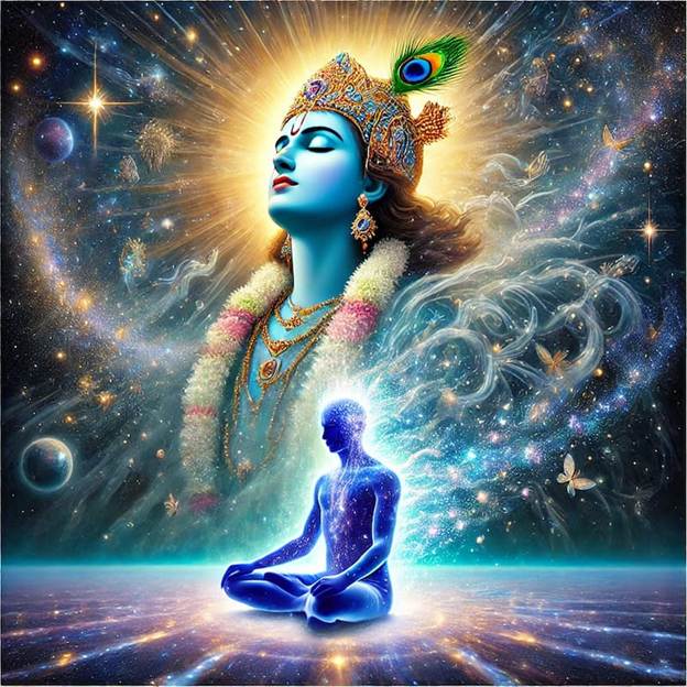 A person sitting in a lotus position with a blue headdress

AI-generated content may be incorrect.