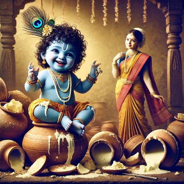 A baby krishna sitting on a pot with a peacock feather

AI-generated content may be incorrect.