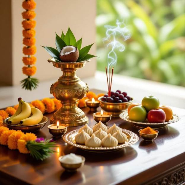 A table with food and flowers

AI-generated content may be incorrect.