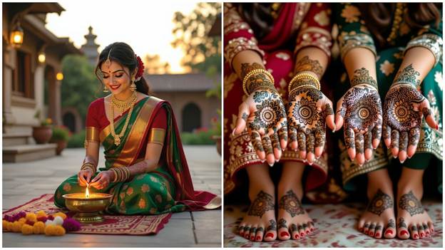 A person in a sari with her hands painted on her hands

AI-generated content may be incorrect.