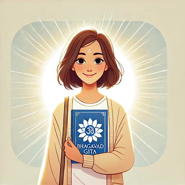 A cartoon of a person holding Bhagavad Gita.