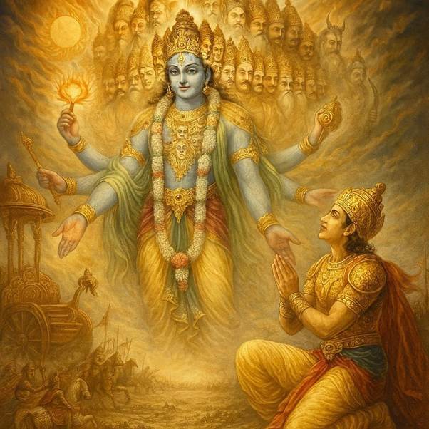 Krishna revealed His Viraat Roop, the cosmic form—to Arjun on the battlefield. 