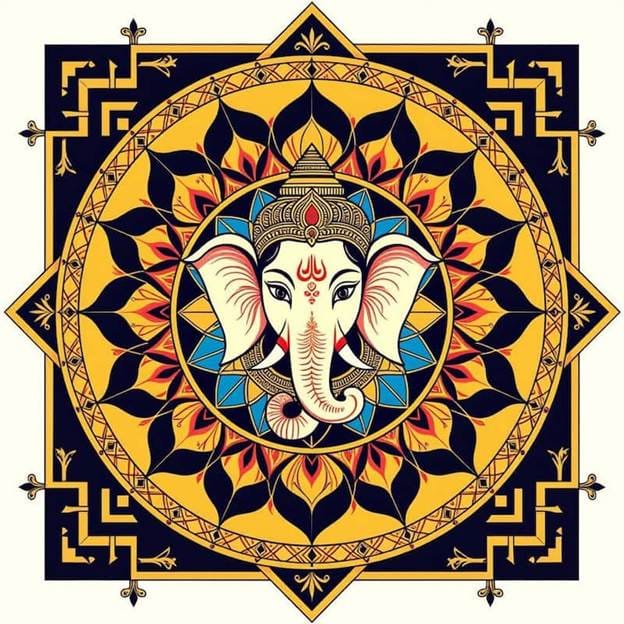 A painting of an elephant head in a circular pattern

AI-generated content may be incorrect.