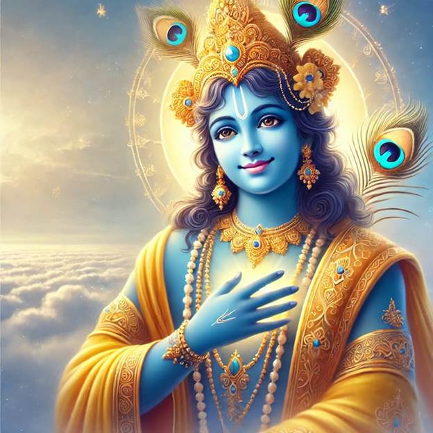 A painting of a blue god with peacock feathers
AI-generated content may be incorrect.