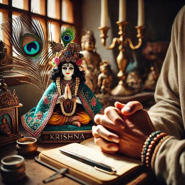 A person praying with a small statue of a God.