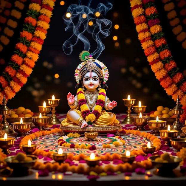 A small statue of a god surrounded by flowers

AI-generated content may be incorrect.