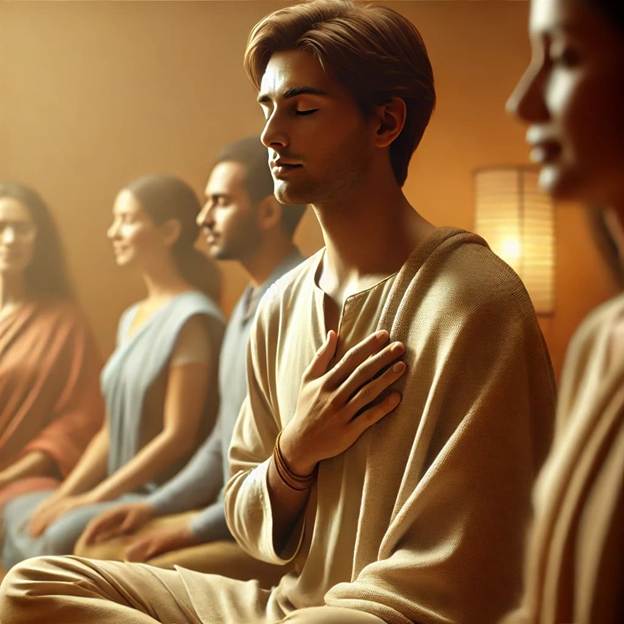 A group of people sitting in a row.