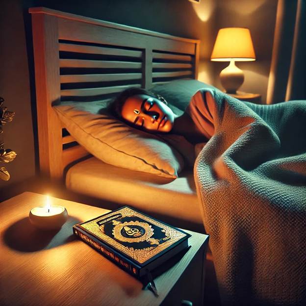 A person sleeping in bed with a book and candle.