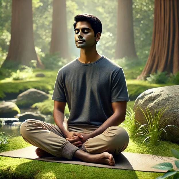 A person sitting on a mat in the woods
AI-generated content may be incorrect.