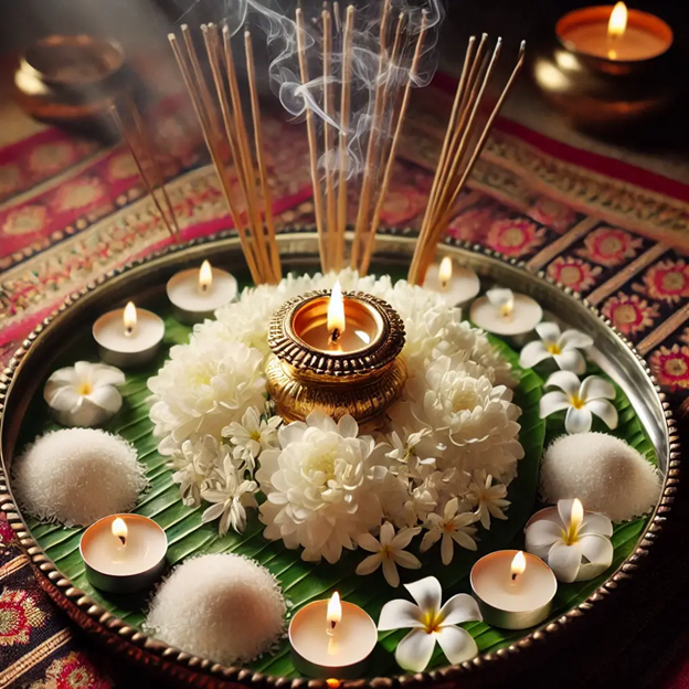 A plate with flowers and incense sticks

AI-generated content may be incorrect.