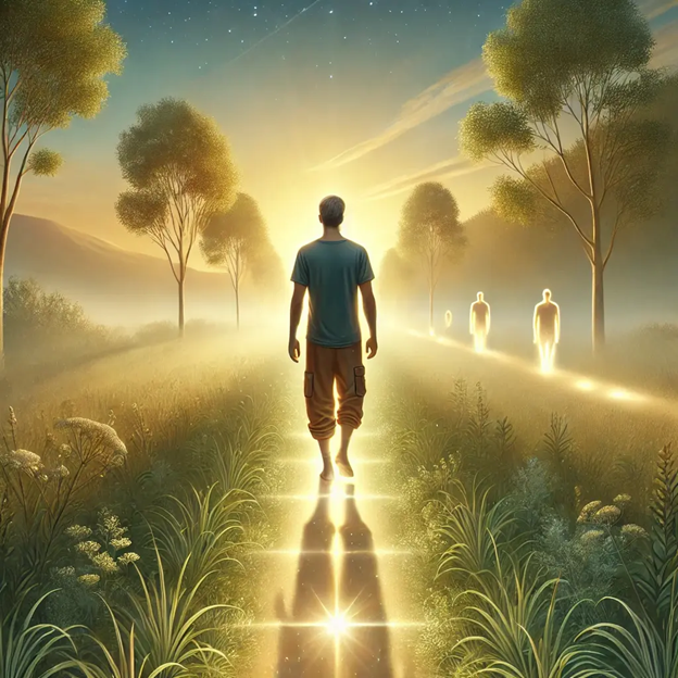 A person walking on a path with trees and a group of people
AI-generated content may be incorrect.