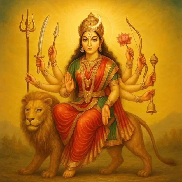 A painting of a person with many arms holding weapons and a lion

AI-generated content may be incorrect.