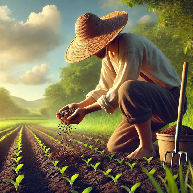 A person in a straw hat planting seed in a field
AI-generated content may be incorrect.