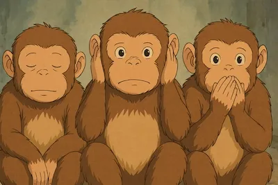 A soft, hand-drawn Studio Ghibli–style illustration of three monkeys sitting side by side. The first monkey has its eyes closed, the second covers its ears with its hands, and the third covers its mouth, representing the traditional proverb. The background is muted and textured, enhancing the warm, gentle atmosphere.