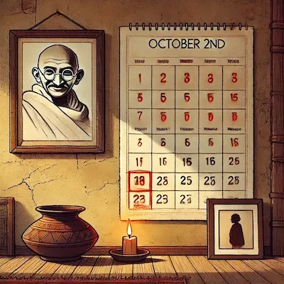 Studio Ghibli-style illustration of a traditional Indian calendar with October 2nd marked in red, hanging on a textured wall beside a silhouette frame and a lit clay diya. The scene is softly lit and spiritually reflective, symbolizing Gandhi Jayanti through calm, earthy tones.