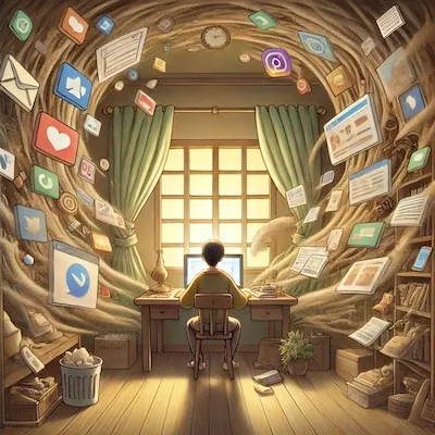 Studio Ghibli-style symbolic illustration of a young person overwhelmed by swirling digital screens and app icons, contrasted with a peaceful reading nook bathed in natural light from an open window. The scene represents the battle between distraction and mindfulness, in line with Gandhi Jayanti’s call for inner clarity and simplicity.