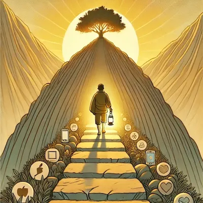 Studio Ghibli-style symbolic image of a determined person climbing a mountain path, holding a glowing lantern near their chest. Distractions like floating phone and entertainment icons appear along the way but are ignored. The path leads to a tree on a sunlit summit, representing inner strength, focus, and the Gandhian pursuit of higher values.