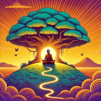 Studio Ghibli-style vibrant illustration of a person meditating under a large banyan tree at sunrise on a hilltop. The figure is surrounded by a glowing aura, with radiant sunrise skies in saffron, orange, and purple hues. Birds fly above, and the scene symbolizes inner peace, focus, and the Gandhian ideal of mastering the mind through meditation.