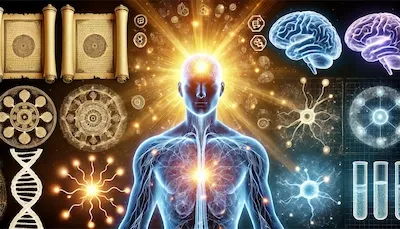 "A high-quality illustration shows a glowing human silhouette with the head illuminated. On the left, a realistic brain appears as complex hardware made of circuits. On the right, ethereal waves of colorful light flow outward, symbolizing the mind as software. Around the waves are faint icons of health, emotions, and vitality."