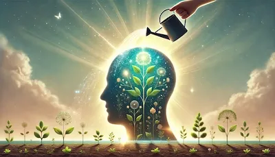 "A symbolic illustration of a glowing human head with the top open like fertile soil. Inside the head, small plants and flowers grow, representing positive thoughts, while a few weeds symbolize negativity. A watering can pours luminous water into the open head, symbolizing conscious nurturing of the mind. The background is calm with sunlight and sky, and text at the bottom reads: 'The mind is like a fertile land. Be its gardener.'"