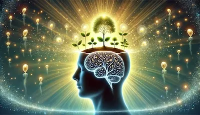 "A symbolic illustration of a glowing human head silhouette with the top open like fertile soil. From the open head, luminous seeds sprout into small plants, then grow into trees, and finally expand into a radiant forest canopy above, symbolizing the progression of thoughts into destiny. The background is soft and luminous, creating a serene and spiritual atmosphere. No text is shown in the artwork."