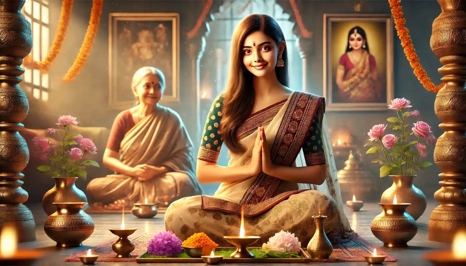 Arati's serene moment during her first Vrat, capturing devotion, tradition, and warmth