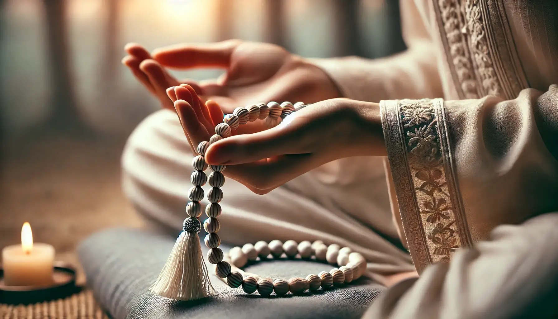 Devotee chanting meri Radhey mantra using Tulsi beads