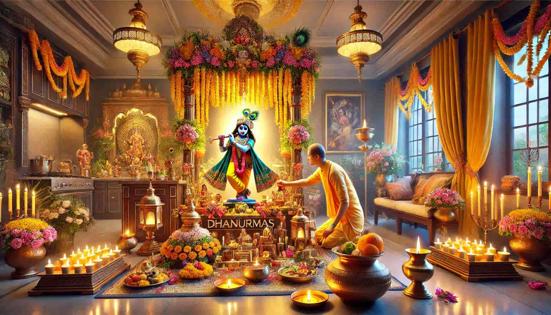 Devotee is sitting up the alter for puja during Dhanurmas