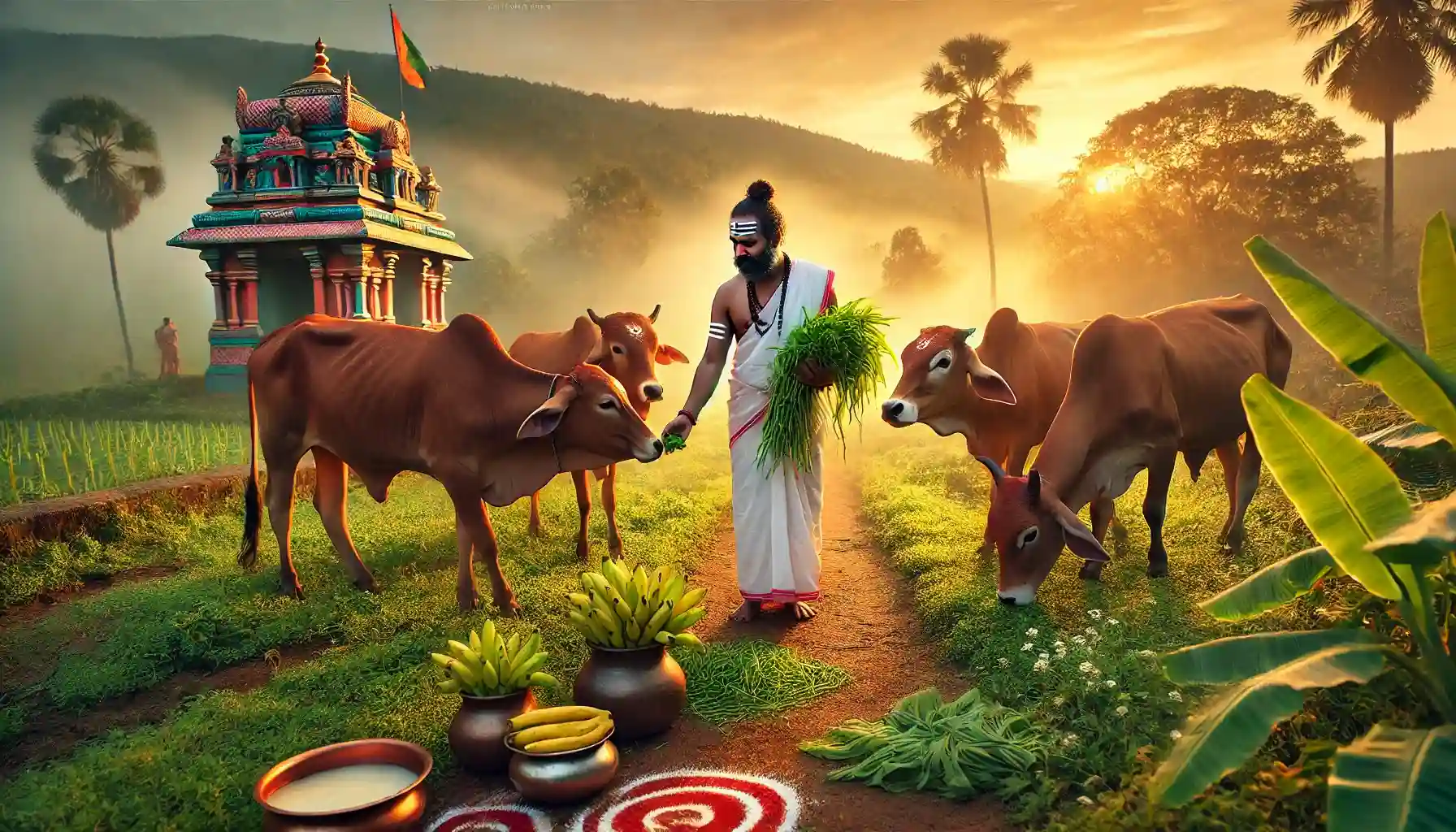 During the sacred month of Dhanurmas, a devoted Hindu offers bananas and grass to sacred cows at sunrise, embracing a timeless tradition of devotion, humility, and reverence