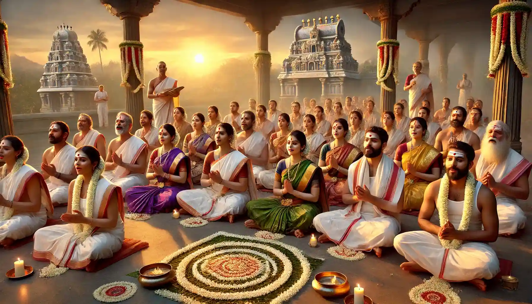 Devotees gathered at dawn, joyfully chanting Thiruppavai during Dhanurmasam in a serene South Indian temple, wrapped in devotion and tradition