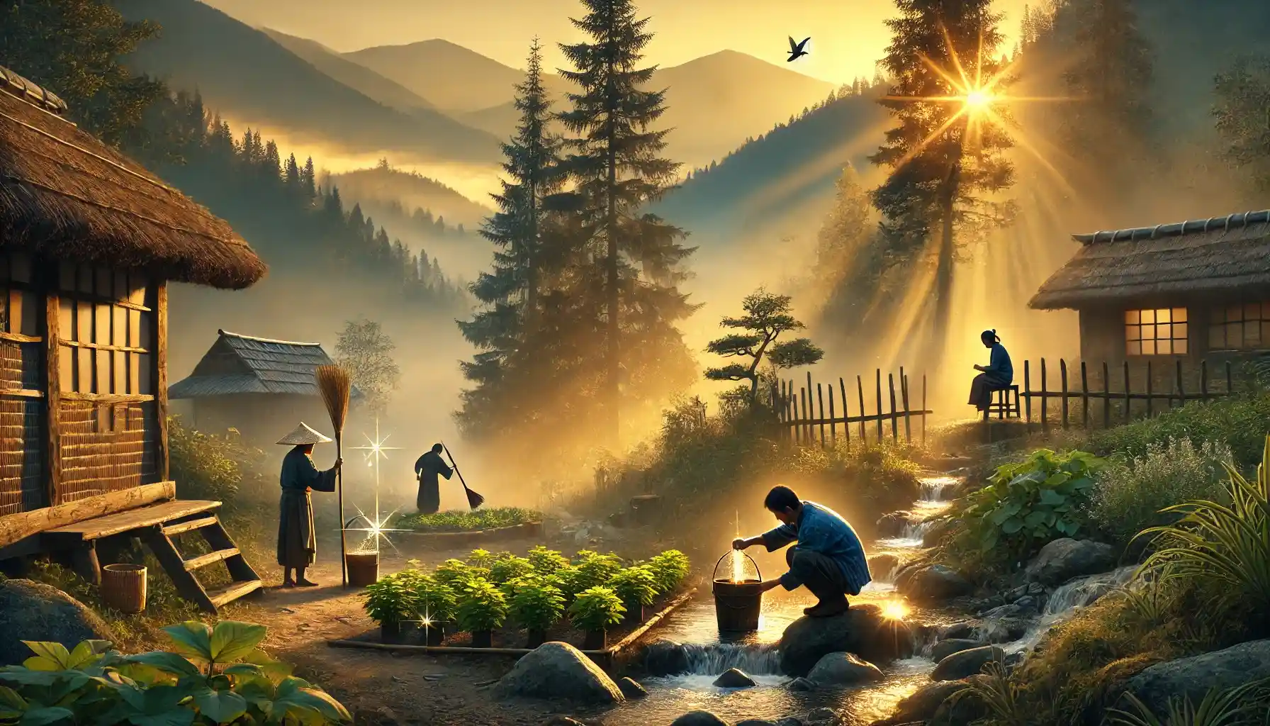 Showing the sacredness of simple work in a tranquil mountain village, each task performed with devotion, mindfulness, and reverence