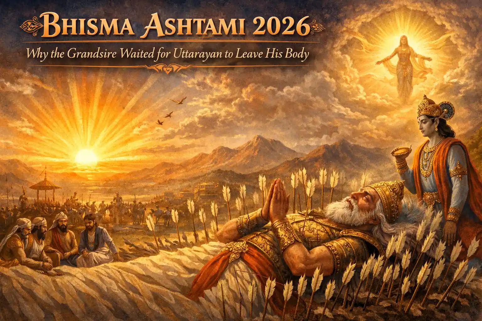 Bhishma Pitamaha awaits Uttarayan, surrendering his final breath to divine will.