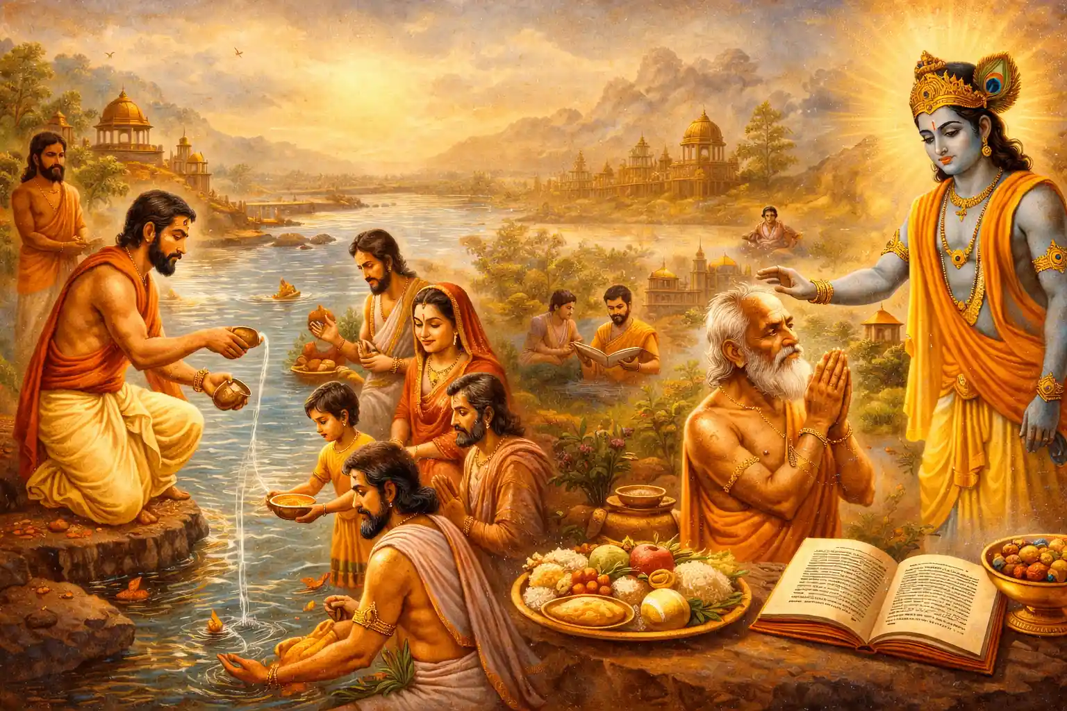 Devotees observing Bhisma Ashtami through sacred rituals of Tarpan, charity, and scriptural remembrance, seeking blessings for wisdom, longevity, and spiritual upliftment under divine grace.