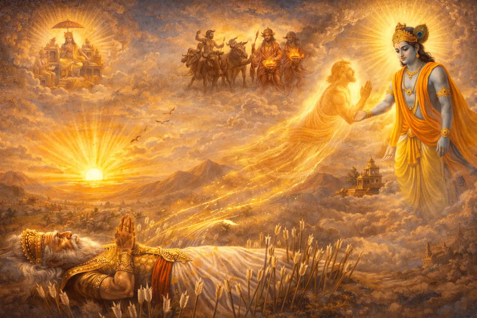 Life flows onward beyond the body, as the soul’s final moment of awareness guides its eternal journey from the mortal world to divine light.