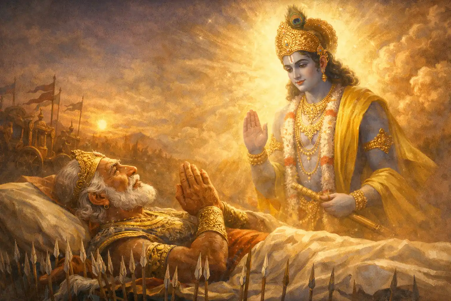 Bhishma’s final gaze meets Krishna’s divine compassion, revealing the power of pure devotion beyond all worldly roles.