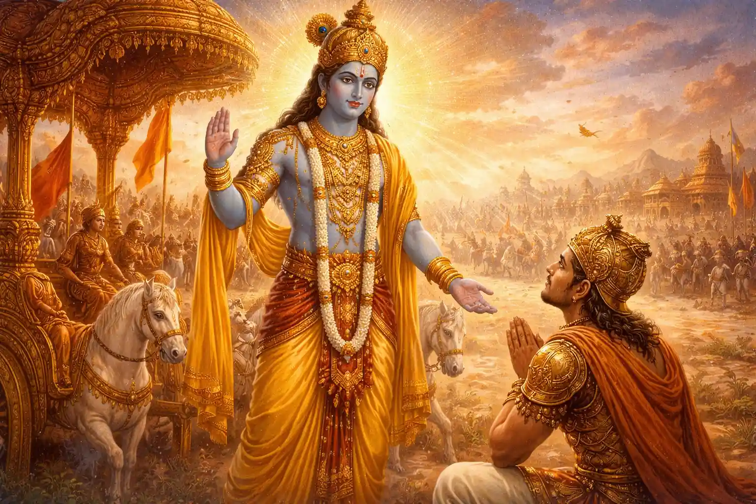 shree Krishna guiding Arjuna on the path of duty, courage, and selfless action