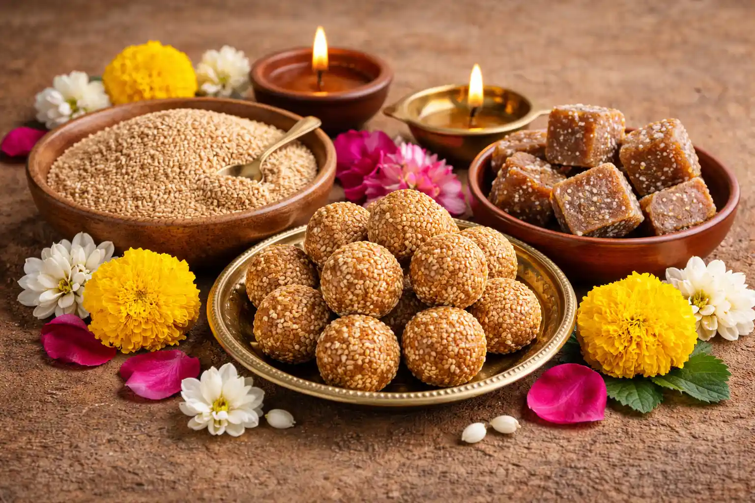 Sesame, jaggery, and ladoos arranged with flowers, creating a simple and sacred Sankranti offering display.