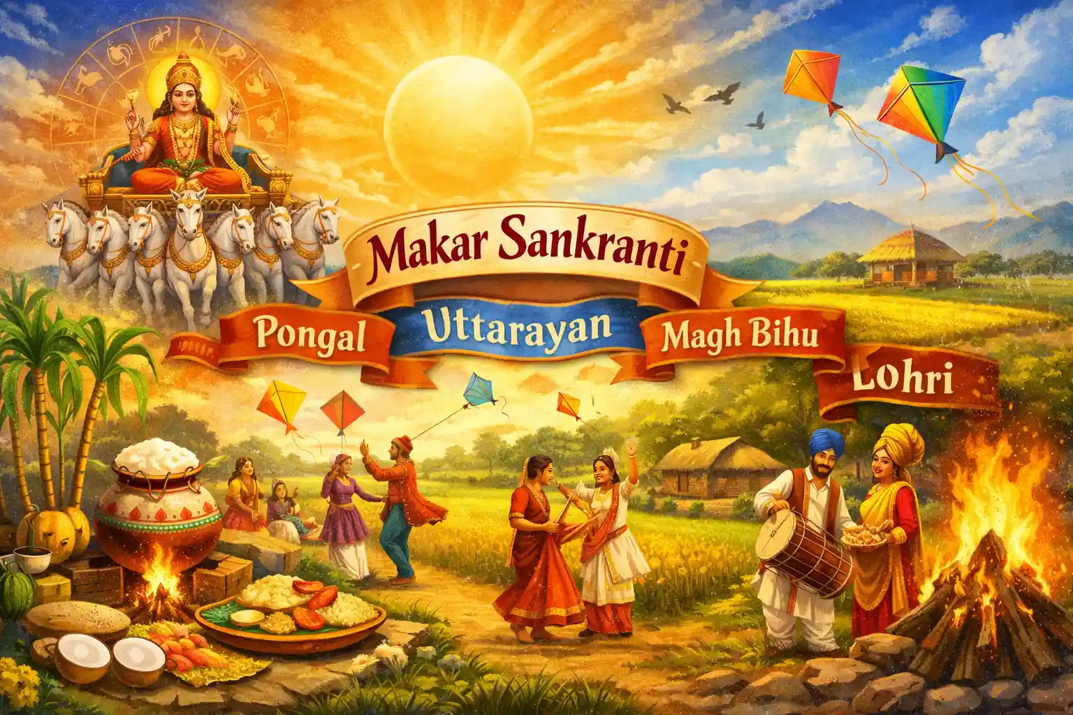 Makar Sankranti celebrations across India, honoring the sun’s northward journey through Pongal, Uttarayan, Magh Bihu, and Lohri