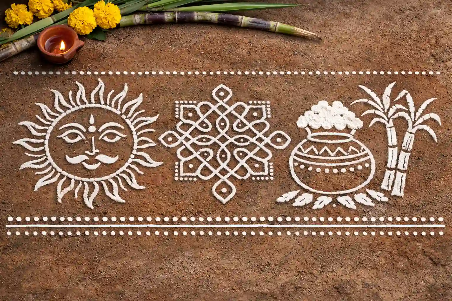 Traditional rice flour rangoli with Surya Dev, kolam patterns, and harvest symbols for Makar Sankranti.