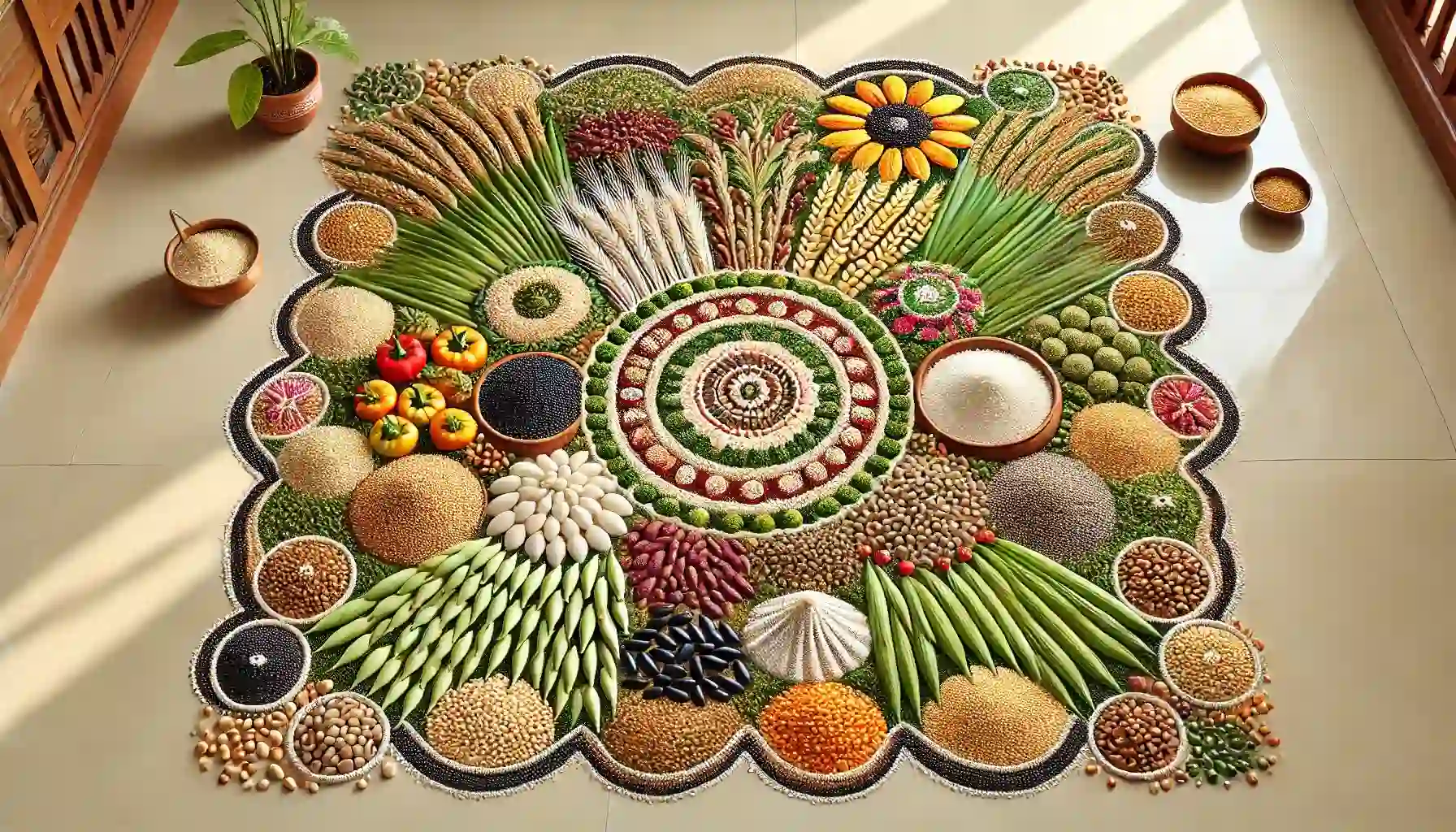 Celebrate the harvest with a vibrant Rangoli made from rice, wheat, millets, pulses, and sesame seeds, honoring the rich traditions of Sankranti.