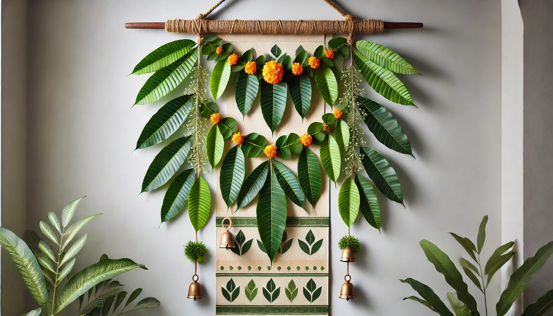 Minimalist Mango Leaf and Marigold Toran – a harmonious blend of tradition and sustainability with spaced green leaves, vibrant flowers, and rustic clay bells for a festive 2026 celebration