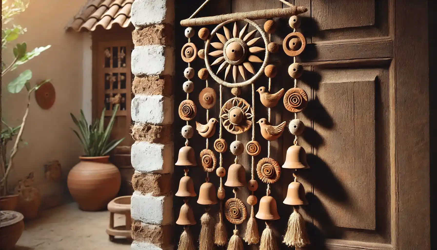 Handmade terracotta hanging with clay bells, birds, and sun motifs in earthy tones, threaded with jute string and displayed near a traditional wooden door.