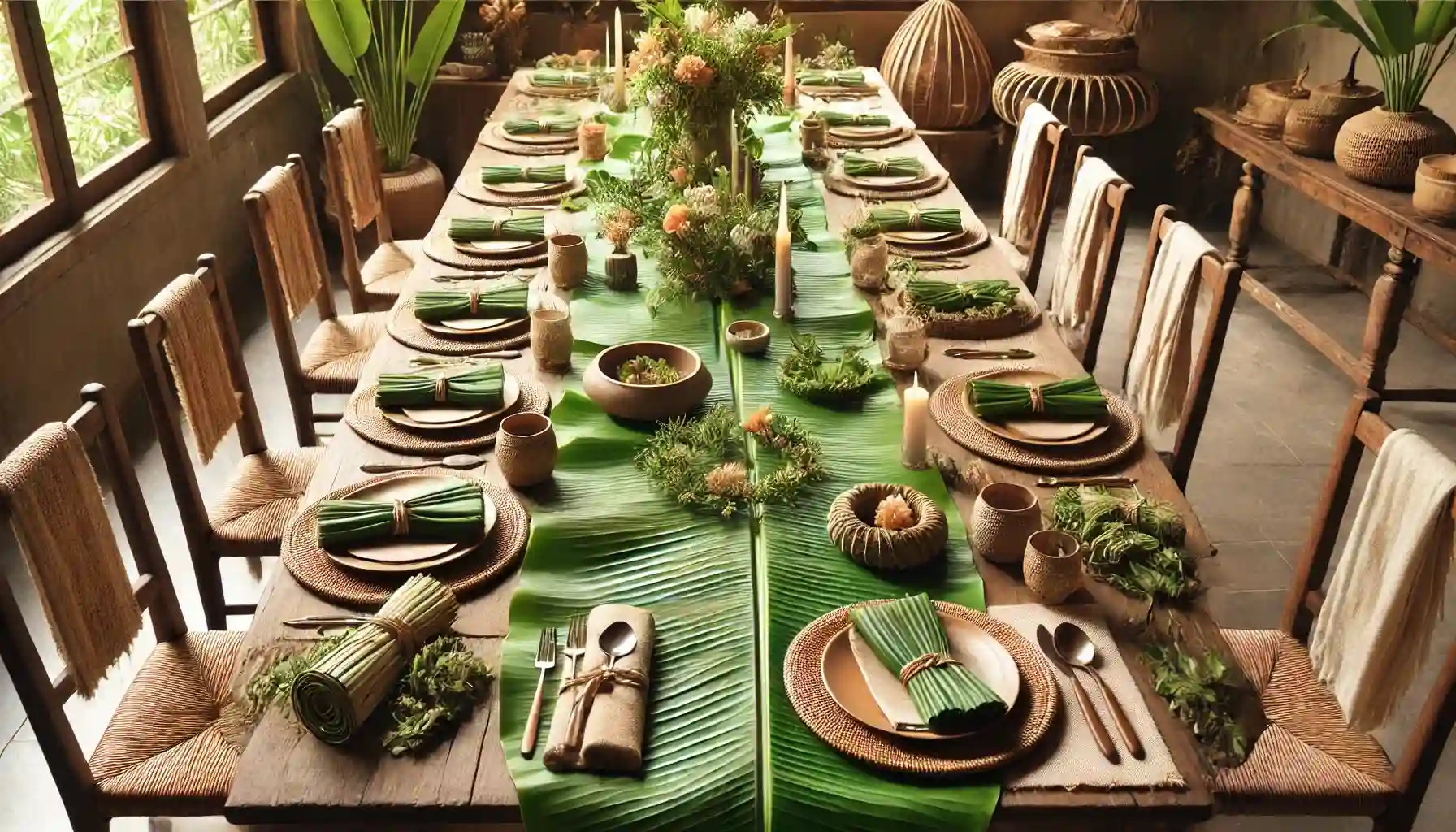 Banana Leaf and Natural Fiber Table Decor please create an image based on the given line in landscape format
