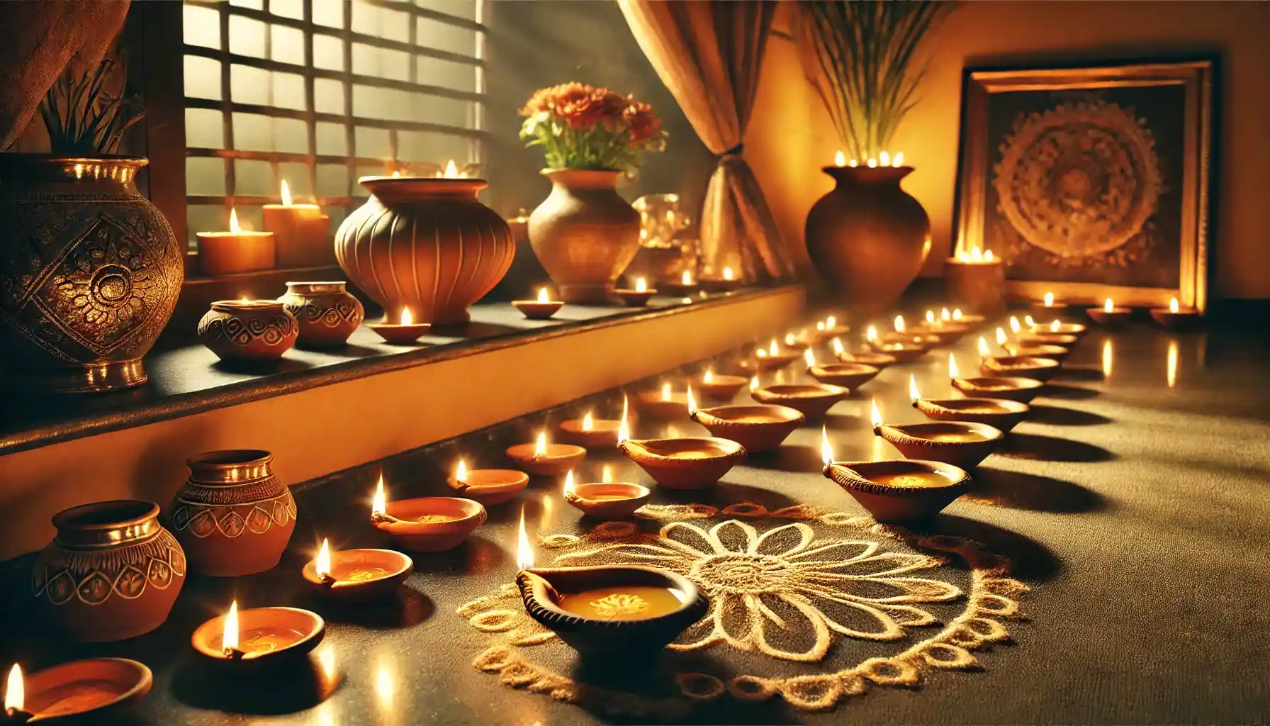 Traditional earthen diyas filled with mustard oil or ghee glow warmly near a rice flour rangoli, creating a serene and festive ambiance with a touch of cultural elegance